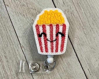 Buttered Popcorn Felt Badge Reel: Movie Lover ID Holder