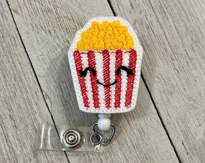 Buttered Popcorn Felt Badge Reel: Movie Lover ID Holder