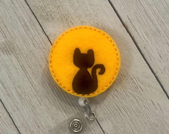 Cat and moon badge holder, cat silhouette on moon feltie, black cat ID, badge pull