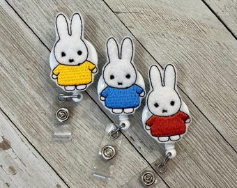 Little bunny with shirt badge reel,  little bunny badge holder, bunny feltie, badge pull