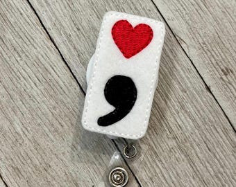 Heart semi colon badge reel, heart semi colon ID holder, semicolon feltie, badge pull