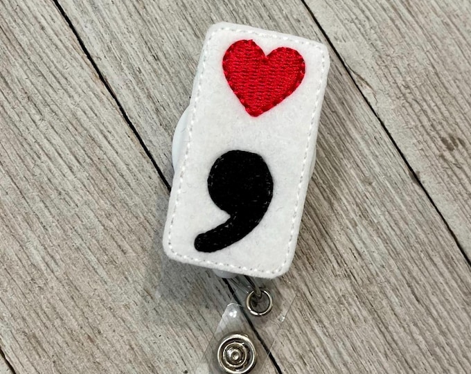 Heart semi colon badge reel, heart semi colon ID holder, semicolon feltie, badge pull