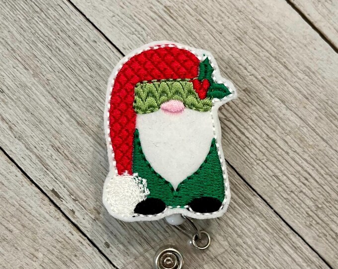 Christmas gnome badge reel, Christmas gnome ID holder, holiday gnome feltie, badge pull