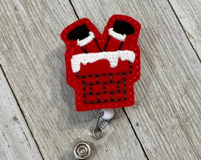 Santa falling in chimney badge reel, funny Santa ID holder, Santa in chimney feltie, badge pull