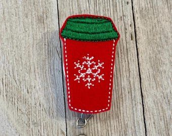 Christmas Coffee Badge Reel: Peppermint Mocha, Snowflake Felt Badge Holder