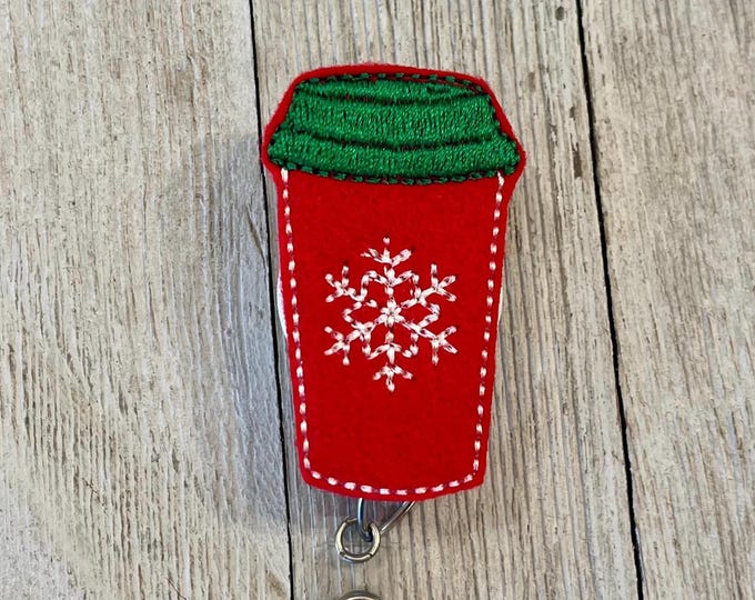 Christmas Coffee Badge Reel: Peppermint Mocha, Snowflake Felt Badge Holder