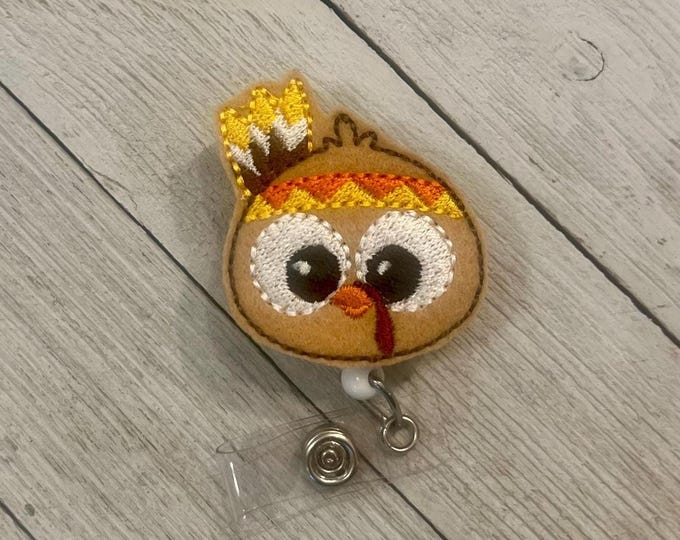 Turkey badge holder, Indian turkey, turkey feltie, retractable reel, badge pull