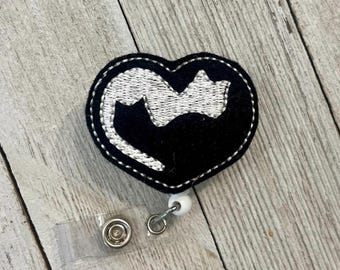 Black and white cat heart badge reel, black and white cat IF holder, black and white feltie, badge pull