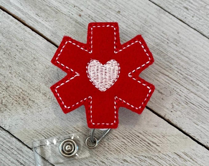 EMS badge reel, EMS id holder, star of life badge, EMS feltie, badge pull
