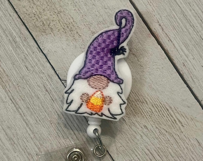 Cute gnome badge holder, candy corn gnome badge, gnome feltie, retractable reel, badge pull