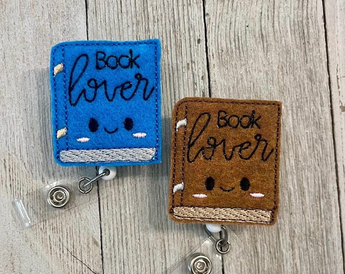 Book lover badge holder, Book feltie, library badge, badge pull