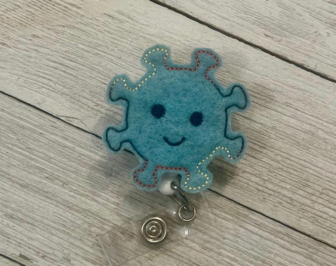 Sad germ, happy germ badge holder, germ feltie, retractable reel, badge pull