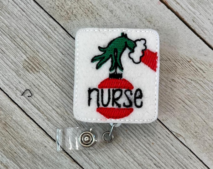 Green monster nurse badge reel, ornament nurse ID holder,  green hand nurse feltie, badge pull