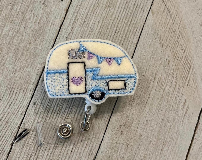 Camper badge reel, adventure ID  holder, trailer Feltie, badge pull