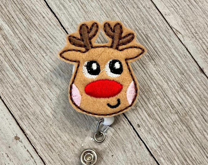 Red nose reindeer badge reel, red nose reindeer ID holder, reindeer feltie, badge pull, colored lanyards