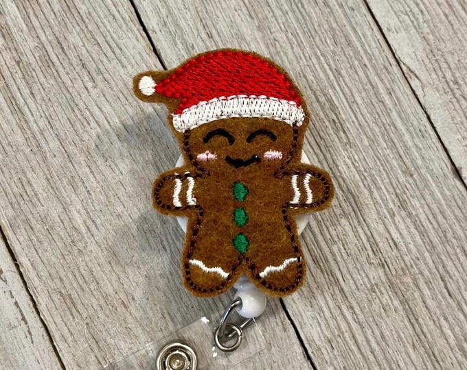 Gingerbread man badge reel, Santa hat gingerbread man feltie, gingerbread man ID holder, badge pull
