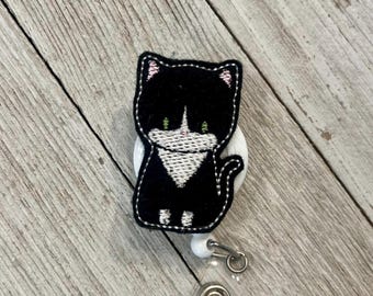 Tuxedo cat badge holder, black cat badge, kitten badge holder, badge pull