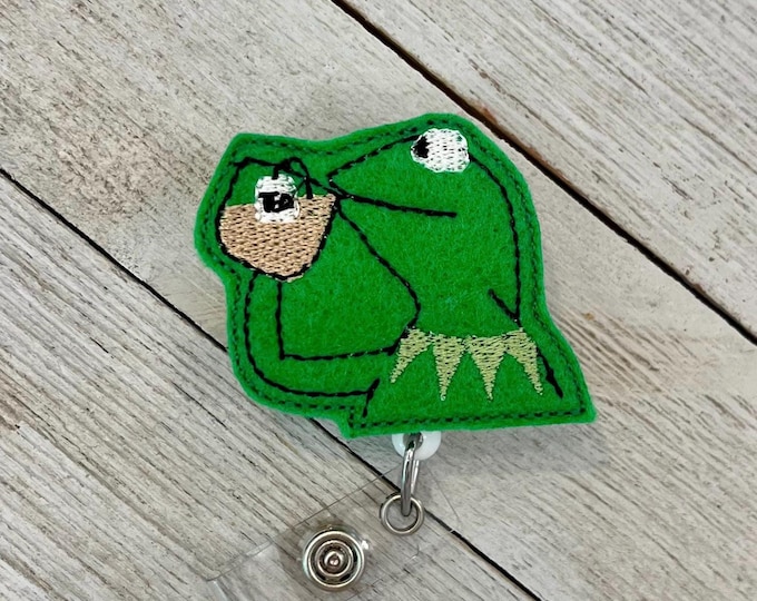 Don’t bother me badge, Frog with tea badge reel, frog feltie, badge pull