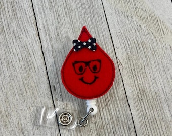 Happy blood drop badge reel, blood ID holder, blood feltie, badge pull
