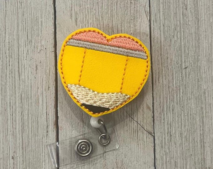 Pencil heart badge holder, retractable reel,  School badge holder, pencil badge