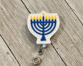 Menorah Felt Badge Reel: Hanukkah ID Holder with Clip