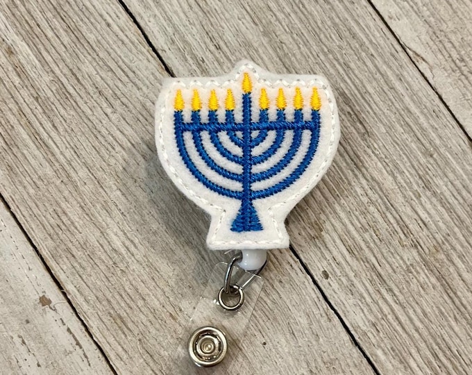 Menorah badge reel, Hanukkah badge real, menorah feltie, badge pull, colored lanyards