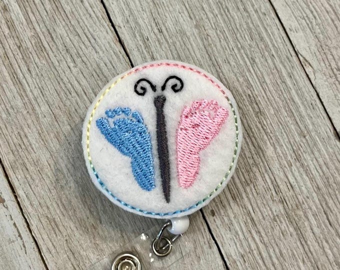 Baby feet butterfly badge reel, baby feet butterfly ID holder, baby butterfly feltie, badge pull