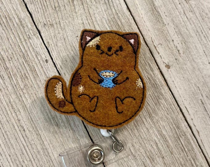 Fat cat with coffee badge reel, fat kitty ID holder, cute cat feltie, badge pull