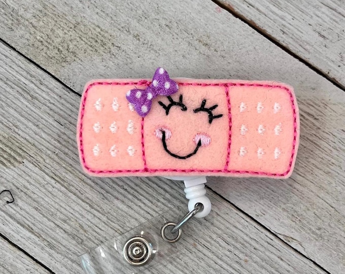 Happy Band-Aid badge reel, happy Band-Aid ID holder, Band-Aid feltie, badge pull