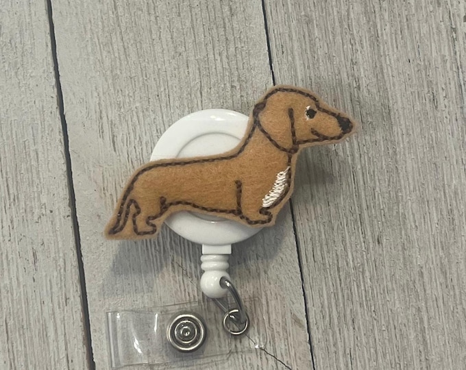 Dachshund badge Holder, retractable reel, dog felt