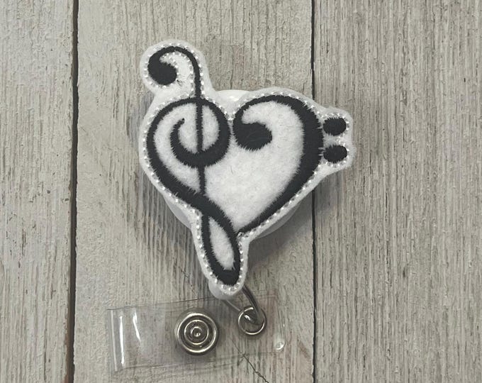 Music heart badge holder, retractable reel,  School badge holder, music, teacher, badge, trouble cleft base cliff