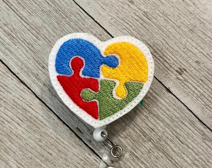 Autism awareness badge reel, autism awareness ID holder, heart puzzle, autism heart  feltie, badge pull