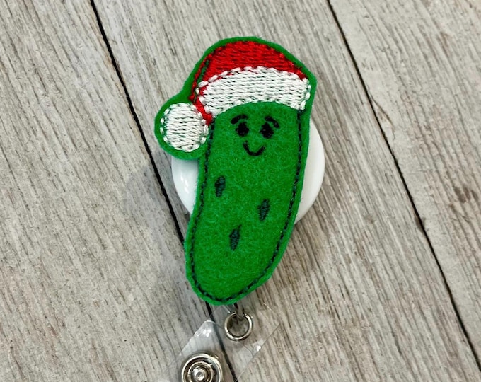 Santa pickle badge reel, Santa hat pickle ID holder, Christmas pickle feltie, badge pull