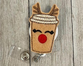Reindeer Latte Feltie Badge Reel: Holiday Coffee ID Holder