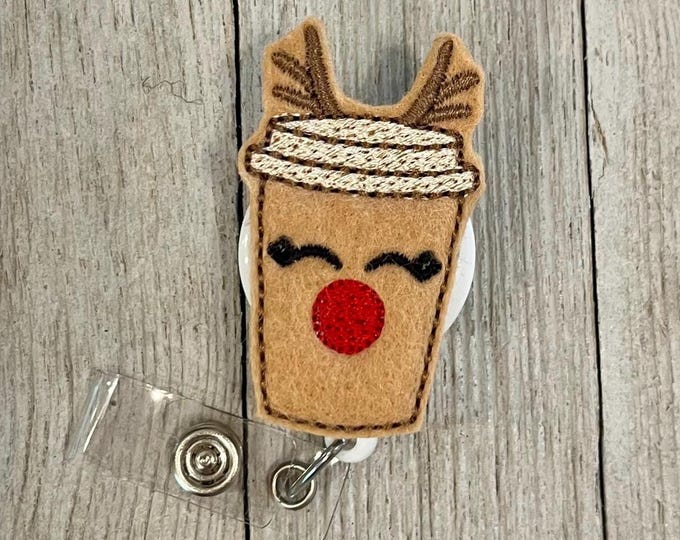 Reindeer Latte Feltie Badge Reel: Holiday Coffee ID Holder