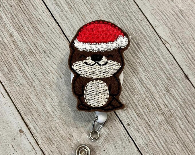 Christmas otter badge reel, otter with Santa hat ID holder, Santa otter feltie, badge pull