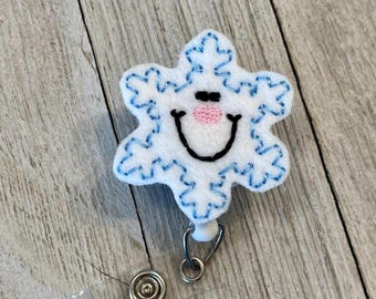 Happy Snowflake Felt Badge Reel: Retractable ID Holder