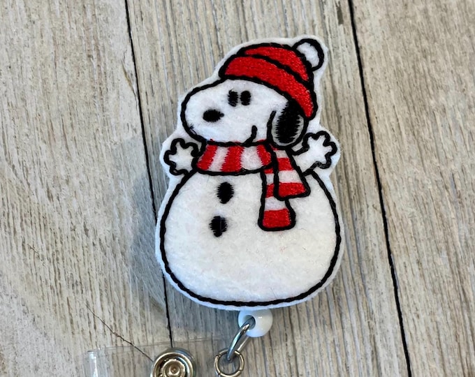 Snowman Dog Feltie Badge Reel: Retractable ID Holder