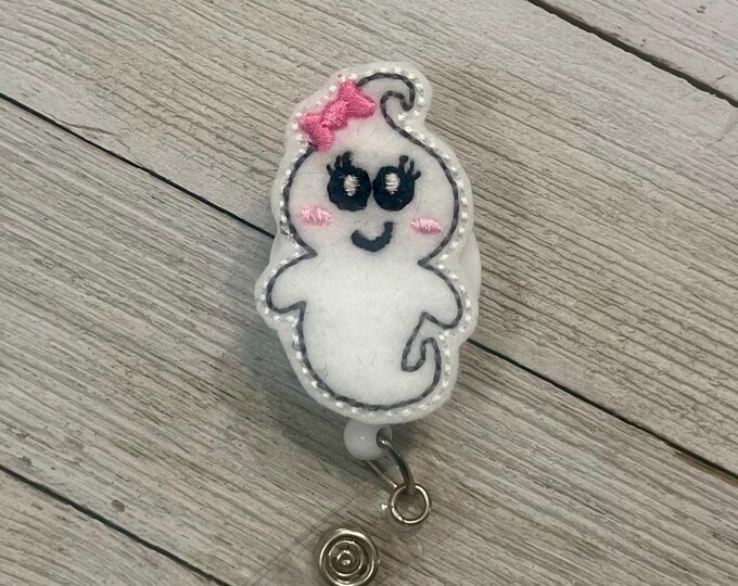 Girl ghost badge holder, ghost badge, spooky ID, Ghost feltie, retractable reel, badge pull