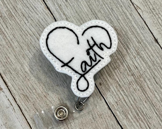 Faith heart badge reel, Faith heart ID holder, heart and Faith feltie, badge pull