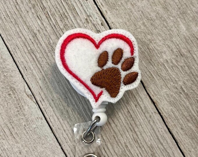Paw print heart badge holder, heart with paw print badge, dog feltie, cat feltie, badge pull