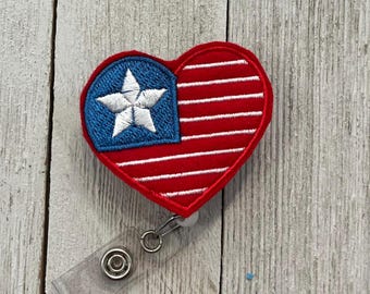 Heart flag badge holder, USA ID holder, American flag feltie, badge holder, retractable reel