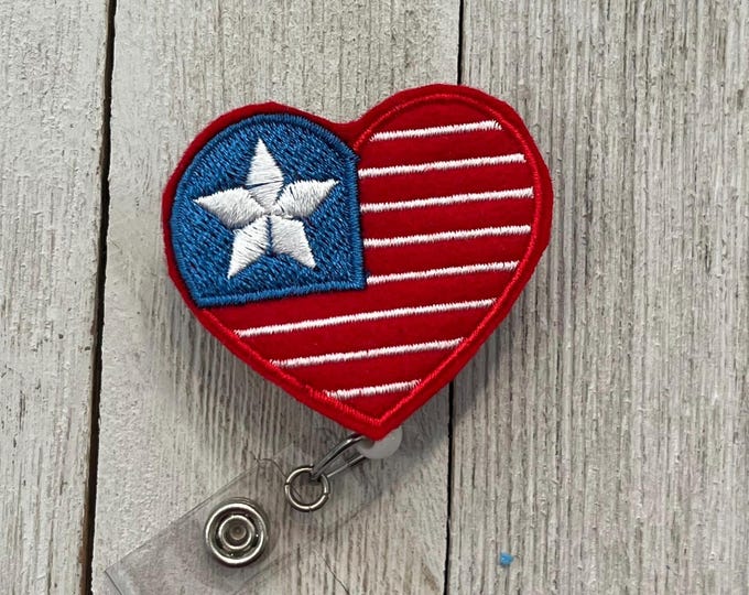 Heart flag badge holder, USA ID holder, American flag feltie, badge holder, retractable reel