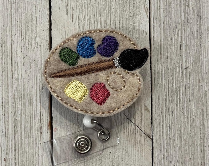Paint palette badge holder, retractable reel,  School badge holder, art badge