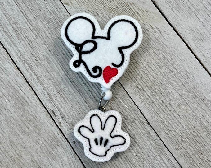 Love Mouse ears badge reel, mouse ID holder, black mouse ears feltie, badge pull, heart Mouse badge