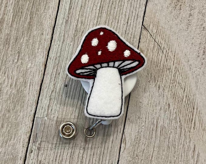 Mushroom badge reel, fungi feltie, badge pull, plant ID holder