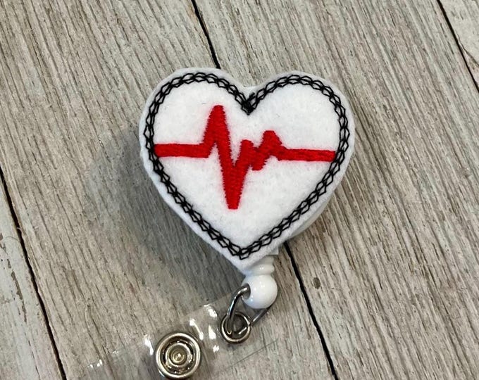 EKG heart badge reel, EKG heart ID holder, heart ekg feltie, badge pull