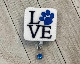 Love dog badge reel, dog paw ID holder, love dog paw feltie, badge pull
