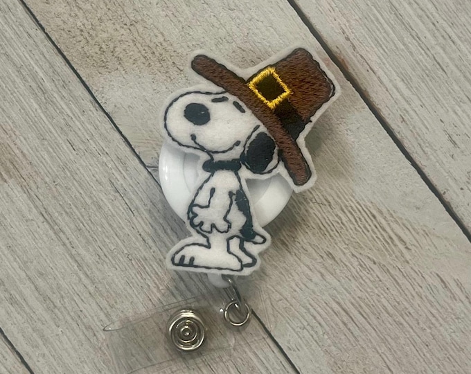 Pilgrim dog badge holder, retractable reel, cartoon badge, dog feltie, badge pull, Pilgrim dog feltie