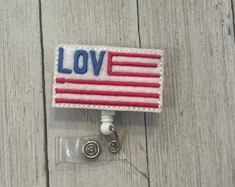 American flag badge holder, love USA, badge, retractable reel, Fourth of July feltie